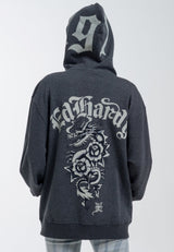 Womens Dragon Rose Zip Through Hoodie - Charcoal Marl