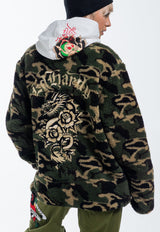 Womens Dragon & Rose Camo Zip Thru Borg Fleece Jacket - Green Camo