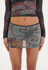 Womens Geisha Fan Mesh Mini Skirt - Black