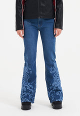 Womens Jumping Koi Denim Flared Jeans - Indigo