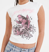 Womens Koi Fish Diamante Cap Sleeve T-Shirt Top - White