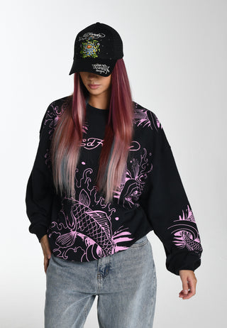 Womens Koi River Graphic Relaxed Crew Neck Sweatshirt - Charcoal