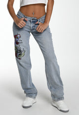 Womens Koi Wave Straight Leg Denim Trousers Jeans - Blue