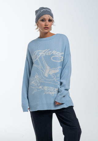 Womens Love Bird Jaquard Knitted Jumper - Blue