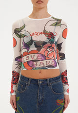 Womens Love Hard Mesh Long Sleeve Tshirt Top - White