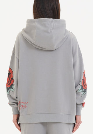 Womens Love Hard Graphic Relaxed Pouch Hoodie -  Grey