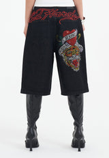 Womens Love Runs Wild Diamante Denim Jorts Shorts - Black