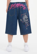 Womens Love Wrapped Diamante Denim Jorts Shorts - Indigo