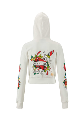 Womens Only Live Once Cropped Zip Through Hoodie - White