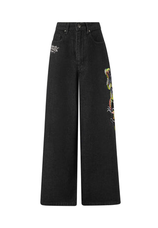 Womens Panther Battle Xtra Oversized Denim Trousers Jeans - Black