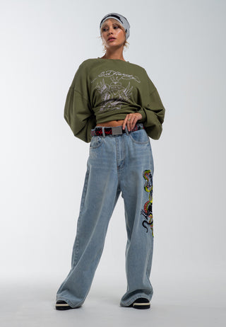 Womens Panther Battle Xtra Oversized Denim Trousers Jeans - Bleach