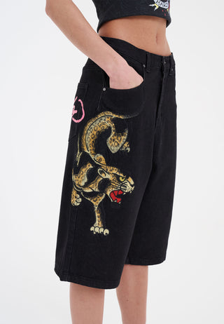 Womens Panther Crawl Relaxed Denim Jorts Shorts - Black