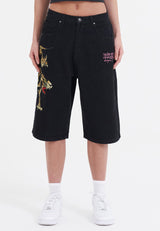 Womens Panther Crawl Relaxed Denim Jorts Shorts - Black