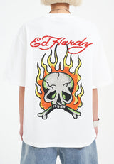 Womens Skull Flame Diamante Tshirt - White