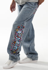 Womens Skull-Flower-Baggy Jeans - Bleach