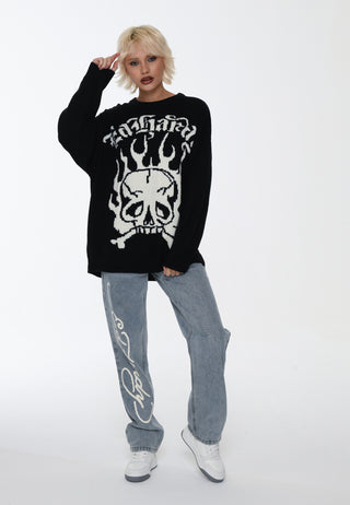 Womens Skull In Flames Jaquard Knitted Jumper - Black/Off White
