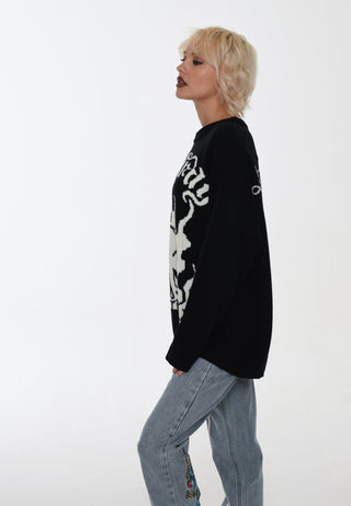 Womens Skull In Flames Jaquard Knitted Jumper - Black/Off White