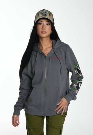 Womens Stay True Graphic Relaxed Fit Zip Thru Hoodie - Charcoal