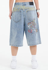 Womens Tiger King Diamante Denim Jorts Shorts - Bleach