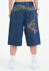 Womens Tiger King Diamante Denim Jorts Shorts - Indigo