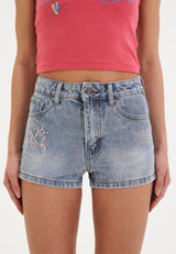 Womens Triple Heart Denim Jorts Shorts - Blue