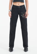 Womens True Death Diamante Straight Denim Trousers Jeans - Black