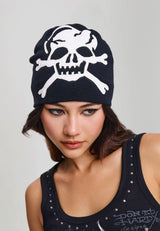 Unisex Skull Vegan Leather Applique Beanie - Black