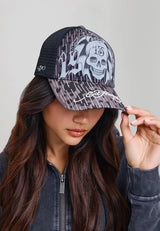 Unisex 13 Skull 5 Panel Trucker Cap - Black
