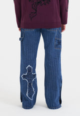 Mens Applique Cross Stripe Jeans - Mid Blue