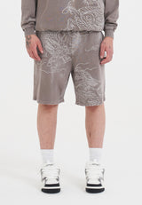 Mens Battle Dragon Dirty Wash Jogger Shorts - Brown