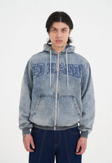 Mens Flaming Cross Denim Zip Thru Hoodie - Bleach