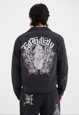 Mens Flaming Skull Denim Jacket - Black