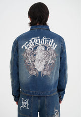 Mens Flaming Skull Denim Jacket - Indigo