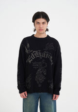 Mens Gothic Ribbed Knit Crew Jumper - Black