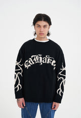 Mens Intarsia Tattoo Dragon Knitted Crew Jumper - Black