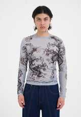 Mens Snake And Dragon Mesh Long Sleeve T-Shirt - Grey