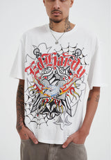 Mens Gothic Lightning Eagle Diamante T-Shirt - White