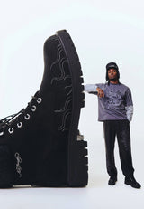 Mens Embroidered Flame Work Boot - Black