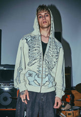Mens Skeleton In Acid Zip Thru Hoodie - Ecru