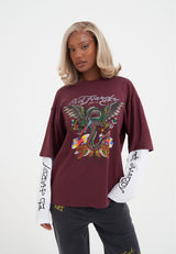 Womens Flying Dragon Double Sleeve T-Shirt - Burgundy