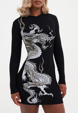 Womens Red Dragon Hoodie Dress - Black