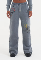 Womens Tattoo Collage Seam Detail Wide Leg Joggers - Charcoal