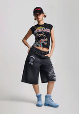 Womens Multi Badge Tattoo Denim Jort - Black