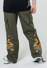 Mens Double Tiger Cargo Pants Trousers - Olive