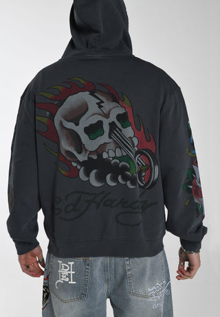 Mens Skull-Rider Graphic Zip Through Hoodie - Black
