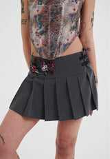 Womens Skull And Panther Pleated Mini Skirt - Grey