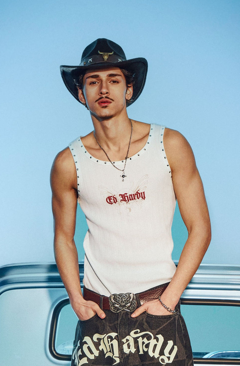 Mens Ed Hardy Studded Rib Vest - White