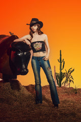 Womens Eyelet Belt Straight Leg Tattoo Jean - Blue