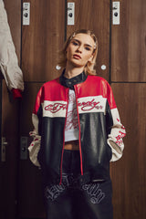 Womens Art For Life Regular Perforated Moto Jacket - Red / Black