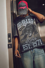 Mens Washed Waffle Panther Graphic Relaxed T-Shirt - Black